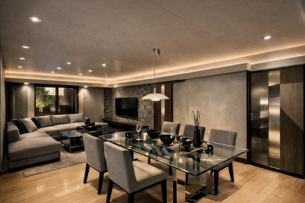 奈良で設計した和モダン&times;ホテルライクなLDK空間。ハードメープルのフローリングとガラス天板のダイニングテーブルを組み合わせ、石貼りアクセントウォールと建築化照明による間接光が落ち着いた陰影を生み出す。間取り・家具レイアウト・動線設計を統合した、上質な注文住宅のリビングダイニング。