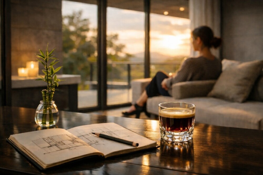 高級モダン住宅の夕景リビング空間。設計図を広げたノートとバカラのタリランドショットグラスに注がれたコーヒー、ミリオンバンブーを飾った花瓶が置かれ、窓の外を見つめる女性の後ろ姿が、不安に囚われない思考と視野を広げる人生哲学を象徴している。