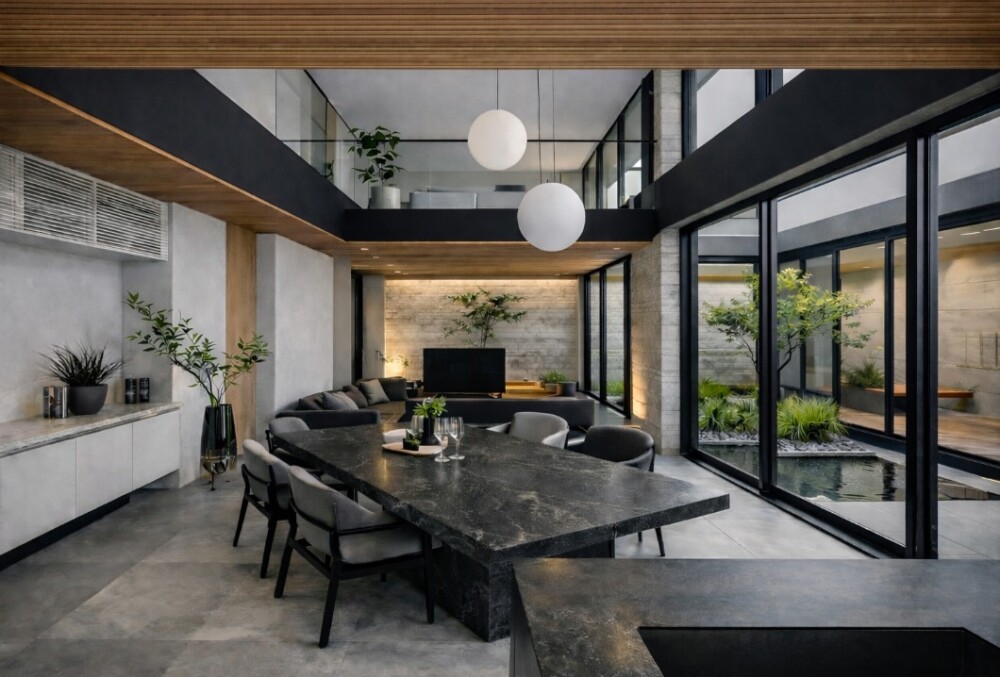 自然光が吹き抜け空間に広がるホテルライクな和モダン住宅のLDK｜中庭と大開口サッシが内外をつなぐ上質な住まい設計事例｜奈良県 やまぐち建築設計室