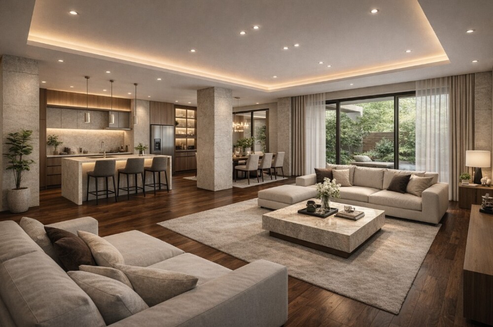 奈良で注文住宅を手掛けるやまぐち建築設計室によるホテルライクなモダン住宅のリビング・ダイニング・キッチン空間。折り上げ天井に仕込んだ間接照明が光と陰影を描き、ブラックウォールナットの無垢床と石目調アイランドキッチンが静かな高級感を演出。大開口から中庭へ視線が抜ける設計は、富裕層やパワーカップルが求める「時間の質」を整える住まいの思想を体現している。