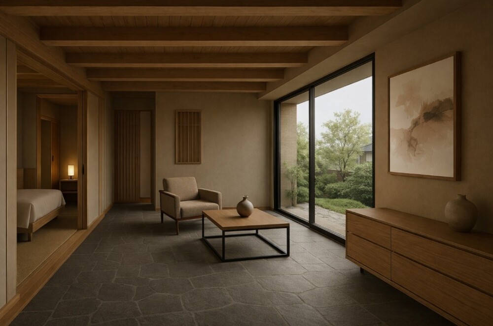 奈良で建築家が設計した和モダン住宅の土間空間。無垢材の梁と珪藻土壁、石貼り床が調和し、中庭とつながる大開口から自然光が差し込む、人生設計から考える注文住宅の実例