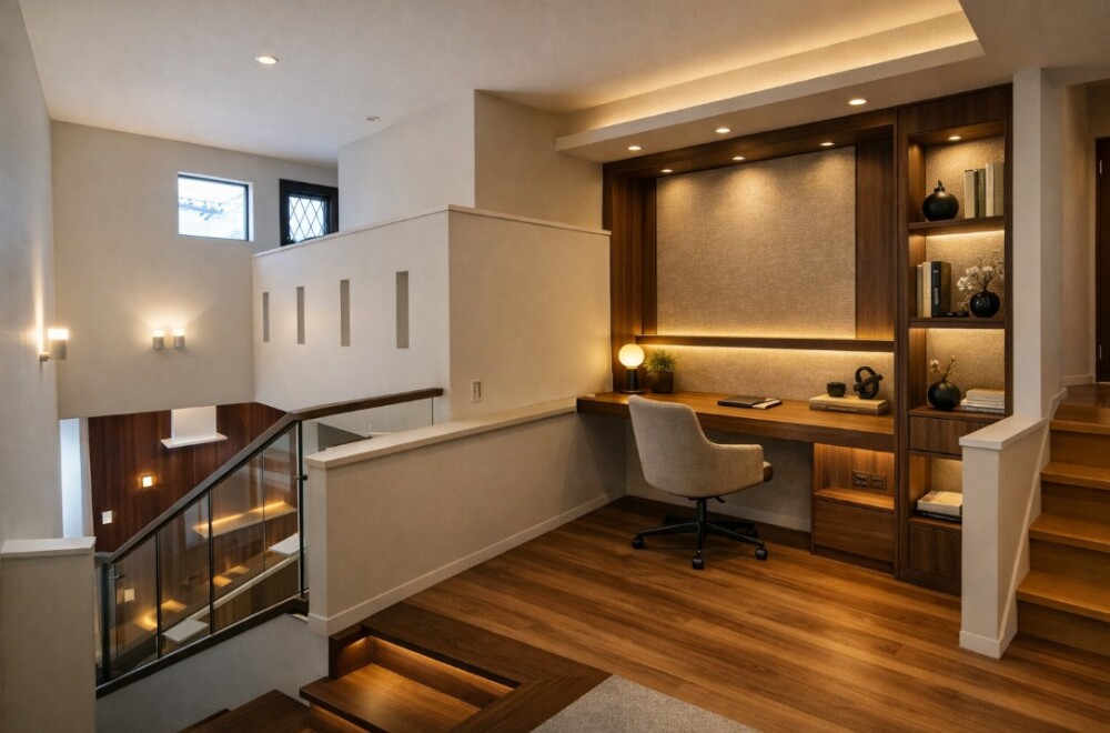 奈良で設計された注文住宅の階段踊り場書斎。4帖ほどの踊り場に造作デスクと壁面収納、間接照明を設けたホテルライクでモダンなワークスペース設計。