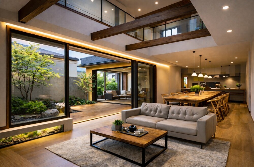 奈良で注文住宅を設計する建築家による住まいの実例イメージ。 中庭とつながる大開口サッシを設けたLDKは、 吹抜けの構造梁によって空間の広がりと構造美を表現し、 コーブ照明が柔らかな光の層をつくり出します。  リビングにはRolf Benz50ソファ、 ダイニングにはモンキーポット一枚板テーブルとYチェアを配置し、 自然素材とデザイン家具が調和する上質な空間を構成しています。  敷地条件に合わせた設計によって、 都市住宅でも開放感と居心地の良さを両立した住まいを実現しています。