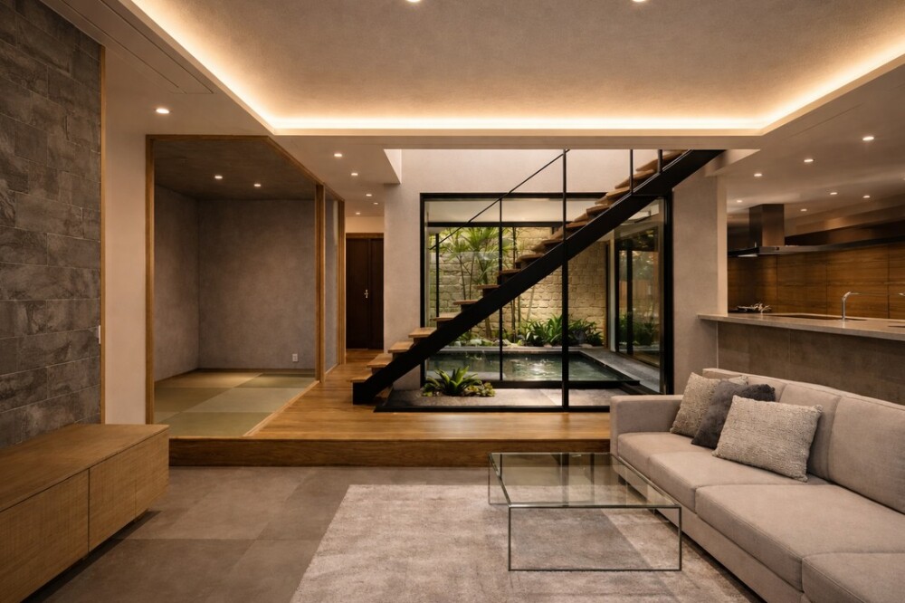 奈良の建築家が設計する和モダン&times;ホテルライク住宅のLDK空間。天井の間接照明と黒い鉄骨階段、ガラス越しの中庭と水盤、小上がり和室が一体となり静けさのある上質な暮らしを演出するオーダーメイド注文住宅のインテリア。