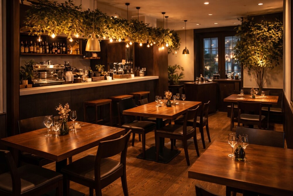 奈良で飲食店開業を検討する起業家向けに、専門店型レストランを想定した小規模店舗の内観イメージ。約13席の客席とカウンターを中心に設計されたコンパクトな飲食店空間で、木質のテーブルと落ち着いた照明計画により温かみのある雰囲気を演出。専門店としてのブランドづくりや店舗デザイン、飲食店開業のコンセプト設計を考えるための店舗空間の参考イメージ。