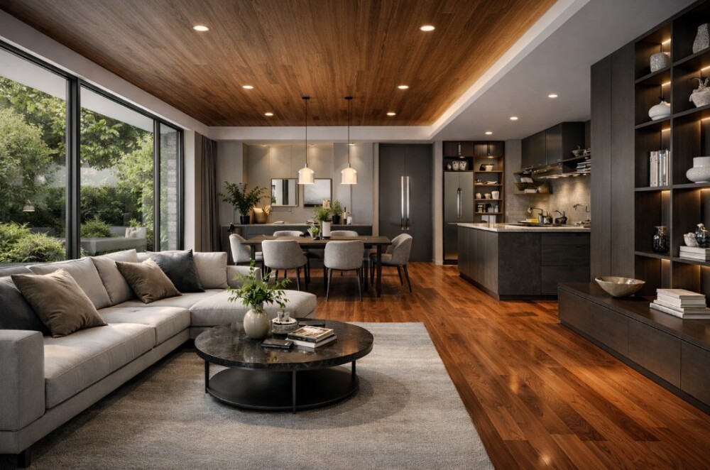 奈良の建築家が設計したホテルライクなLDK。朝日ウッドテックブラックチェリープレミアム2Pフローリングと木目天井、アイランドキッチンとダイニングを直線動線で結んだ暮らしやすいインテリア空間。