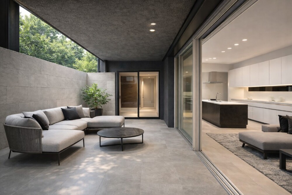 奈良の建築家による住宅設計事例。リビングとフラットに繋がる半外部空間の中庭テラス。タイル張りの床と壁で囲われた内的外部にポルトローナ・フラウの屋外家具SOLARIAを配置し、深い庇と大開口サッシによって室内と屋外が一体化したホテルライクな住まいの空間設計。