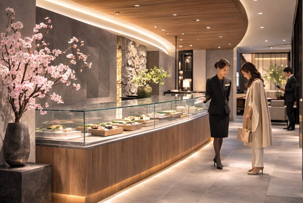 高級感のあるホテルライクな店舗空間の内観。木目天井と曲線天井の照明デザイン、ガラスショーケース、グレーの壁面、桜の生け花が配置された上質な店舗設計。事業用物件としての価値とブランド性を高める建築デザインの事例。