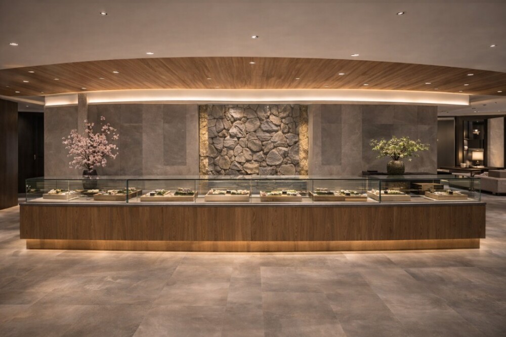 高級物販店の店舗設計事例。木目天井と間接照明、石張り壁、ガラスショーケースを正面に配置したホテルライクな空間デザイン。事業用物件やテナント賃貸の価値を高める建築家による店舗空間設計。