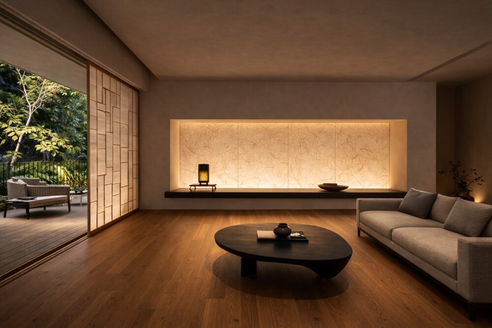 越前和紙の光壁とオークフローリングが美しい和モダン住宅のリビング。庭とつながる落ち着いた空間が暮らしの品格を感じさせる。