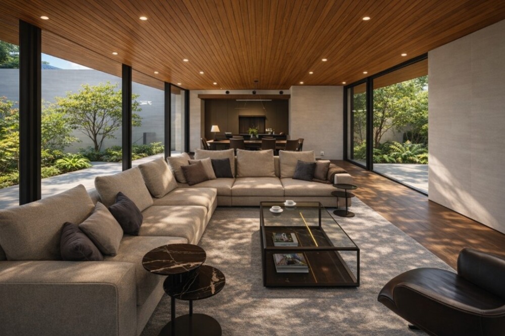 奈良県で注文住宅・和モダン住宅を検討している方に向けた設計事例。大開口の窓から庭とつながるLDK空間に、木目天井と自然素材を組み合わせ、光・風・視線の抜けを丁寧に設計。共働き世帯や子育て世代が「帰りたくなる家」を実現するための、動線・居心地・五感のバランスを重視したやまぐち建築設計室の住まいづくり。