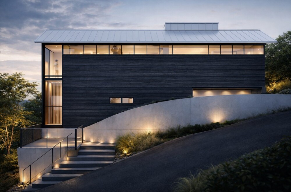 奈良県の傾斜地に建つホテルライクな和モダン住宅の外観。グレーの外壁と水平ラインを強調した二階建ての建築で、斜面地を活かしたアプローチ階段と間接照明が美しく、周囲の自然と調和しながら上質な暮らしを実現する設計事例。