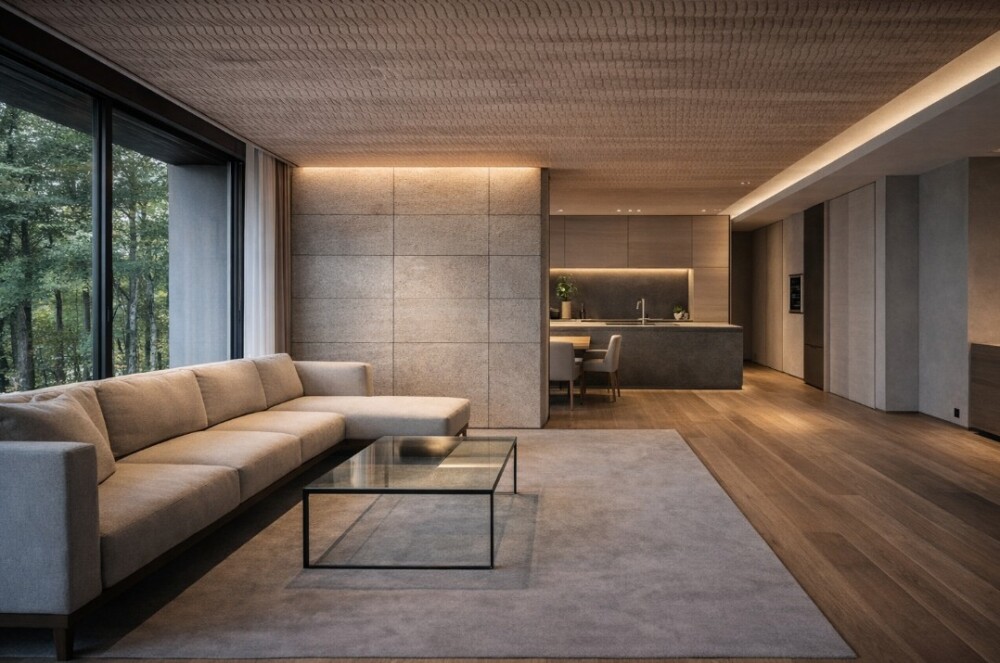 奈良で注文住宅を手がける建築家が設計した、和モダンとホテルライクを融合させたLDK空間。木天井と間接照明が柔らかな陰影を生み、大開口から自然を取り込みながら、リビングとダイニング・キッチンを緩やかにゾーニング。暮らしの質と価値観を整える設計思想を体現した住まい。