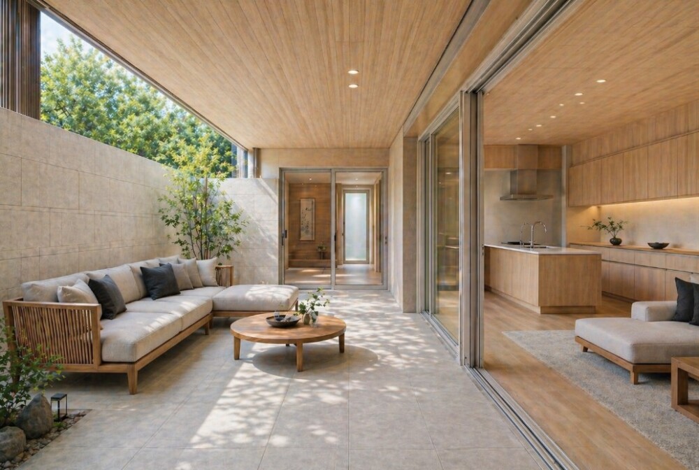 奈良の建築家が設計した和モダン住宅の中庭テラス空間。室内外の天井と床を木目で統一し、リビングとフラットにつながる内的外部を構成。自然光と陰影を取り入れたホテルライクで静けさのある高級住宅デザイン。