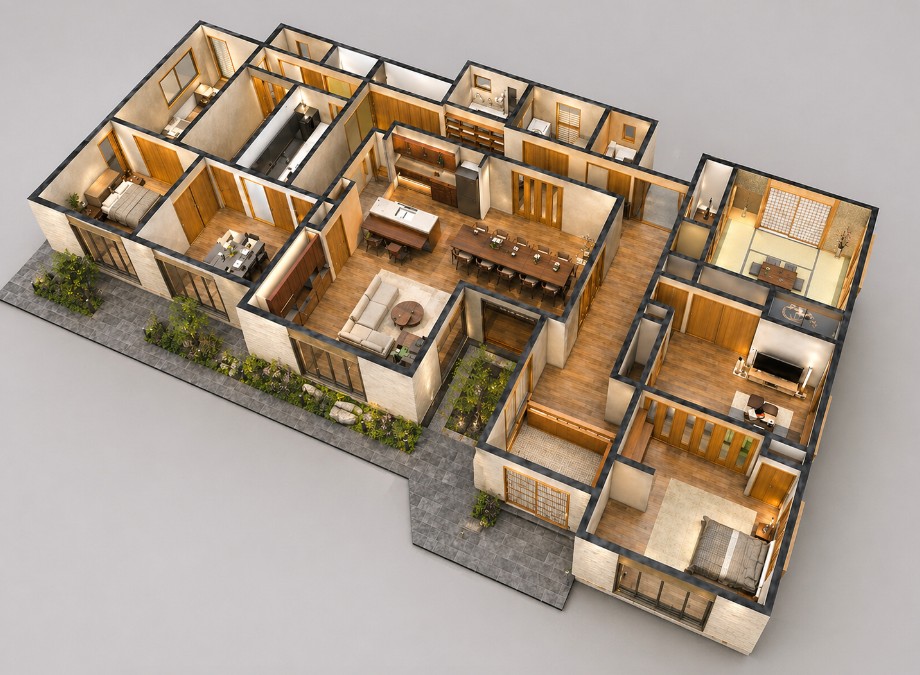 建築家による和モダン・ホテルライクな高級注文住宅の設計を表現したリアルな鳥観図パース。平屋の間取りは中庭を中心に構成され、リビング・ダイニング・キッチン・個室が機能的かつ美しく連続し、生活動線・視線設計・採光計画・通風計画が統合されている。環境心理学と身体感覚に基づき、図面では見えない心地よさや居場所の質を可視化した、住みやすさと上質な暮らしを両立する注文住宅の空間構成を示す建築ビジュアル。