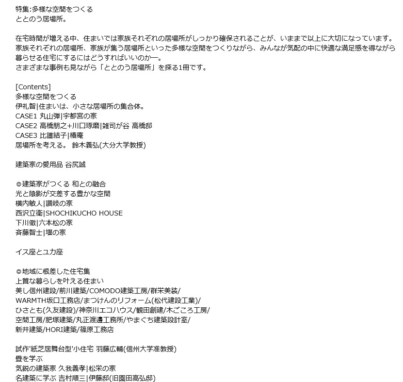 やまぐち建築設計室が設計した和モダン住宅が掲載された建築専門誌『和モダン14｜ととのう居場所。』の目次ページ。家族それぞれの居場所や、和と現代建築が融合する暮らし空間を特集した建築・注文住宅デザイン特集誌。奈良の建築家による居場所設計や、心地よい住環境づくりの思想が紹介されている。