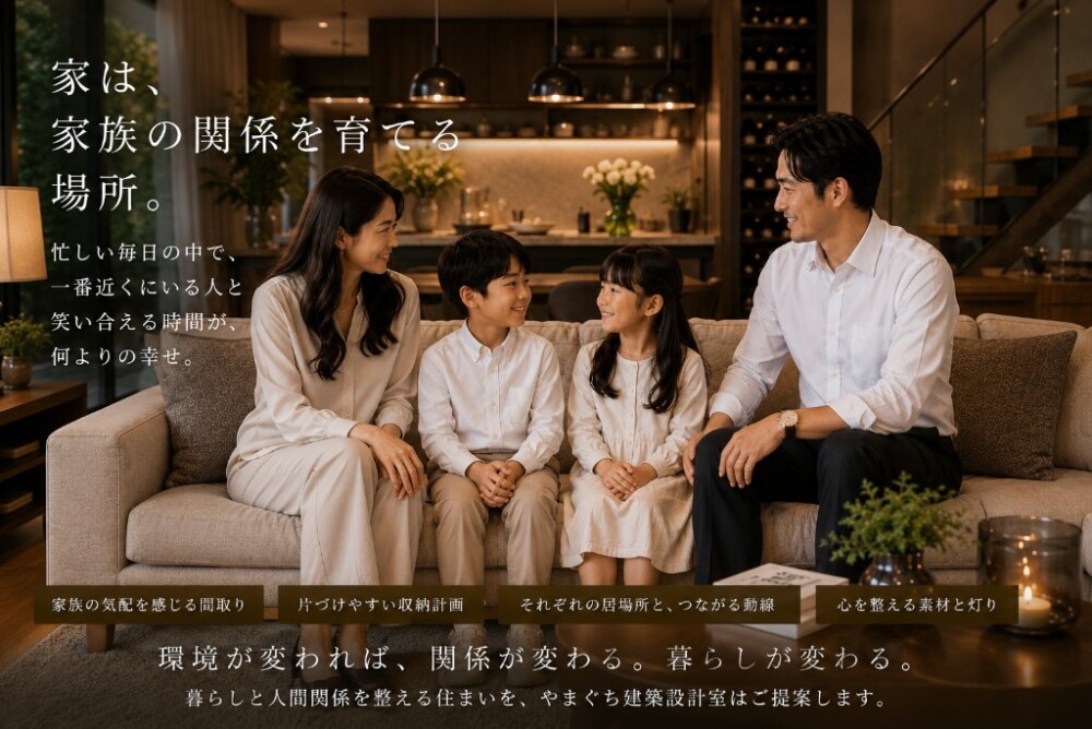 木の温もりと間接照明がやさしく包み込むリビング空間で、夫婦と子どもたちが自然体で笑い合う暮らしの風景。 和モダンの上質な住空間の中で、家族が同じソファに並び、それぞれの存在を近くに感じながら過ごす時間を丁寧に表現した住まいのイメージ。 共働き・パワーカップル・子育て世代に向けて、 「広さ」や「見た目」だけではなく、 家族関係や感情の安定、暮らしやすさを整える住環境設計の大切さを伝える建築ビジュアル。 片づけやすい収納計画、家族の気配を感じる間取り、適度な距離感を保てる動線設計、心を整える灯りと素材感など、暮らしの質を高める住宅設計思想を反映。 奈良県の建築設計事務所「やまぐち建築設計室」が提案する、 “家にいるのに疲れない家” “家族関係を育てる住まい” “ホテルライクで和モダンな上質空間” をテーマにしたイメージビジュアル。 注文住宅・和モダン住宅・高級住宅・デザイナーズ住宅・ホテルライクな家・子育てしやすい家・共働き夫婦の家づくり・暮らしの環境設計・感情を整える住まいに関心のある方へ向けた、家族と住環境のつながりを伝える住宅写真。
