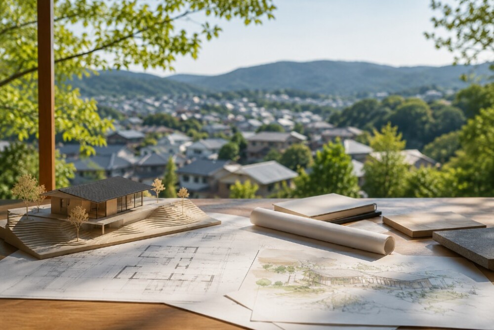奈良県で注文住宅を検討する方に向けた住まいづくりのイメージ。高台から住宅地を望む敷地と住宅模型、設計図を通じて、土地探し・住宅会社選び・設計計画を総合的に考える様子を表現。ハウスメーカー、工務店、設計事務所の違いを理解しながら、家族の暮らし方や将来設計に合った住まいを計画するための参考事例。奈良で後悔しない家づくりを目指す方への住環境提案。