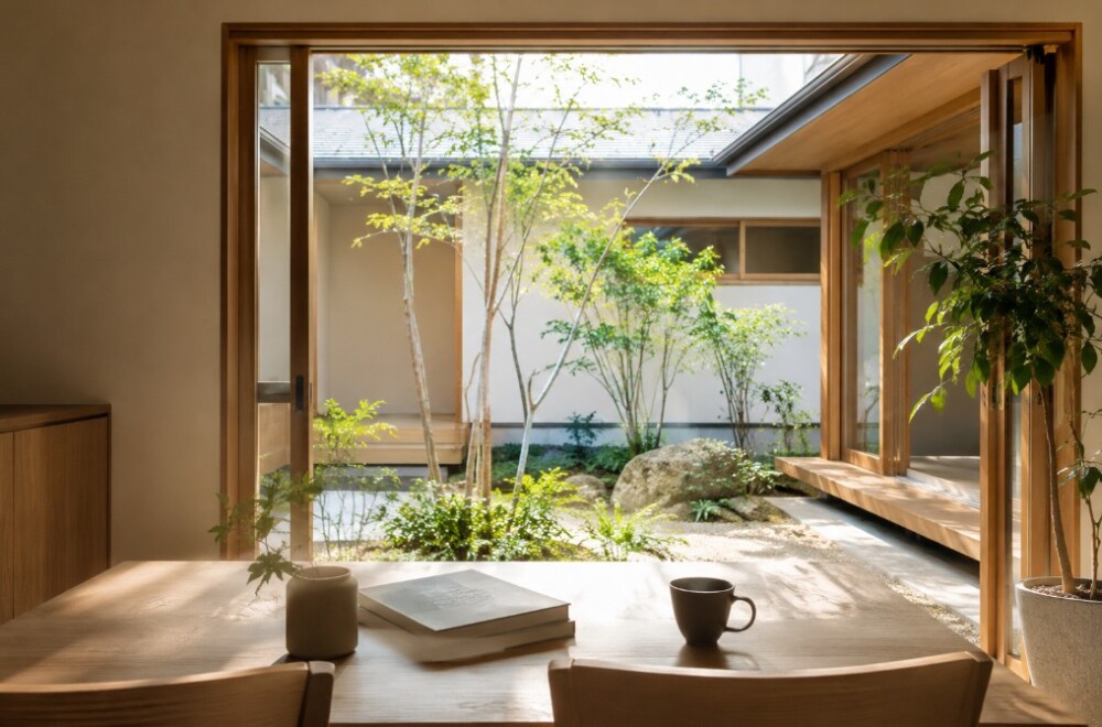 奈良県で注文住宅や平屋住宅を検討する方に向けた和モダン住宅の中庭空間。大開口の窓越しに庭の緑を取り込み、自然光と風を感じながら家族がゆったりと過ごせる住まいを表現。土地探しや間取りづくりの前に、どのような暮らしを実現したいのかを考えることの大切さを伝える建築家住宅のイメージ。家事動線、生活動線、将来のライフスタイルまで見据えた注文住宅の参考事例。