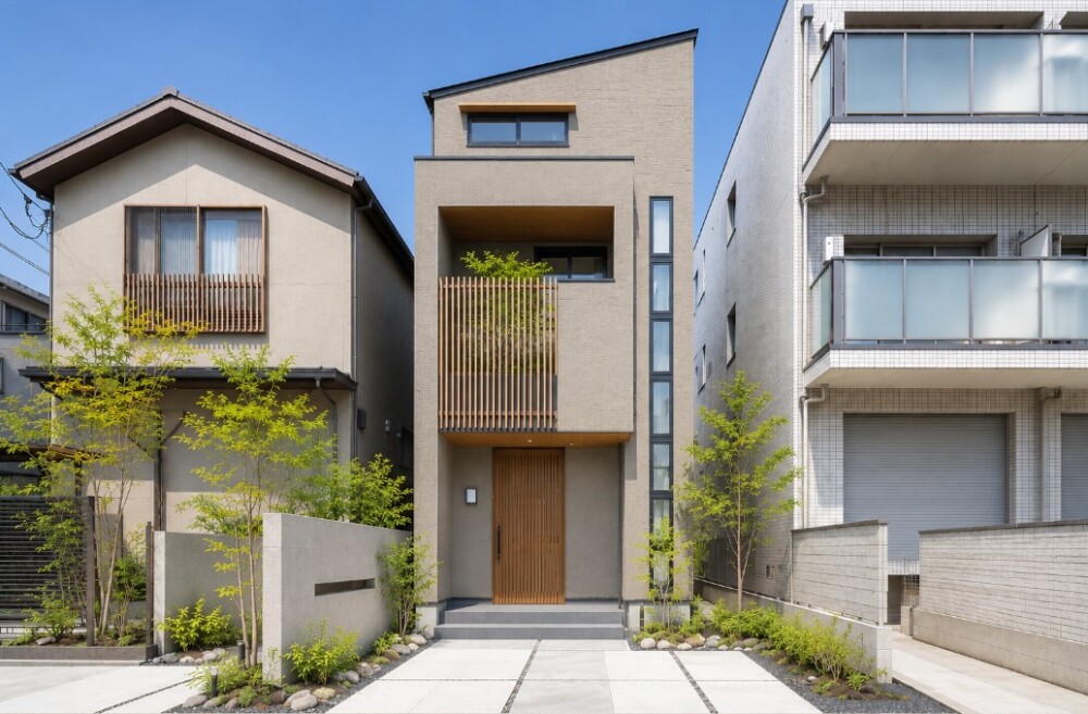 狭小地に建つ和モダンの3階建て注文住宅の外観。木格子と落ち着いたグレージュの外壁が街並みに調和しながら、都市部の限られた敷地でも明るさと開放感を確保できるよう工夫された住まい。限られた土地を有効活用し、家事動線や収納計画、プライバシーへの配慮を取り入れた設計で、狭小住宅ならではの課題を解決。奈良県で3階建て住宅や狭小住宅、和モダン住宅を検討する方に向けて、後悔しない間取りと豊かな暮らしを考える住まいづくりのイメージ写真。