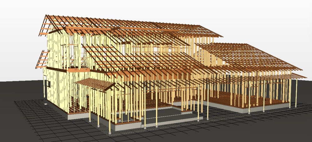 地震に強い木造住宅を計画するための構造躯体CG。柱や梁、屋根架構による住宅の骨組みを立体的に表現し、耐震性能・構造計画・住宅性能の重要性を示している。南海トラフ地震などの大規模災害に備え、家族の命を守る家づくりを考えるための住宅設計イメージ。奈良県で注文住宅を手掛ける建築家が重視する、安心して暮らせる住まいの基礎となる構造検討の様子。