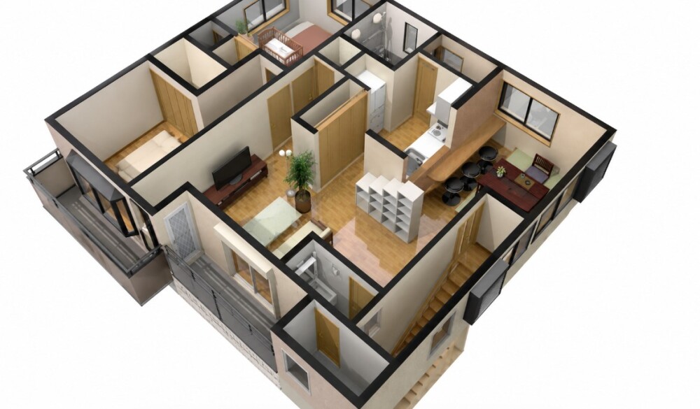 奈良県で実家を活用した二世帯住宅リノベーションの完成イメージ。戸建住宅の二階部分を全面改修し、親世帯とのつながりを保ちながら子世帯が快適に暮らせる住空間へ再構築。広いLDKと畳コーナーを中心に、家事動線や収納計画を見直し、和モダンの落ち着きと暮らしやすさを両立した実家リフォーム・二世帯住宅計画の鳥瞰パース。建て替えかリフォームかを検討する際の参考となる住まいづくり事例。