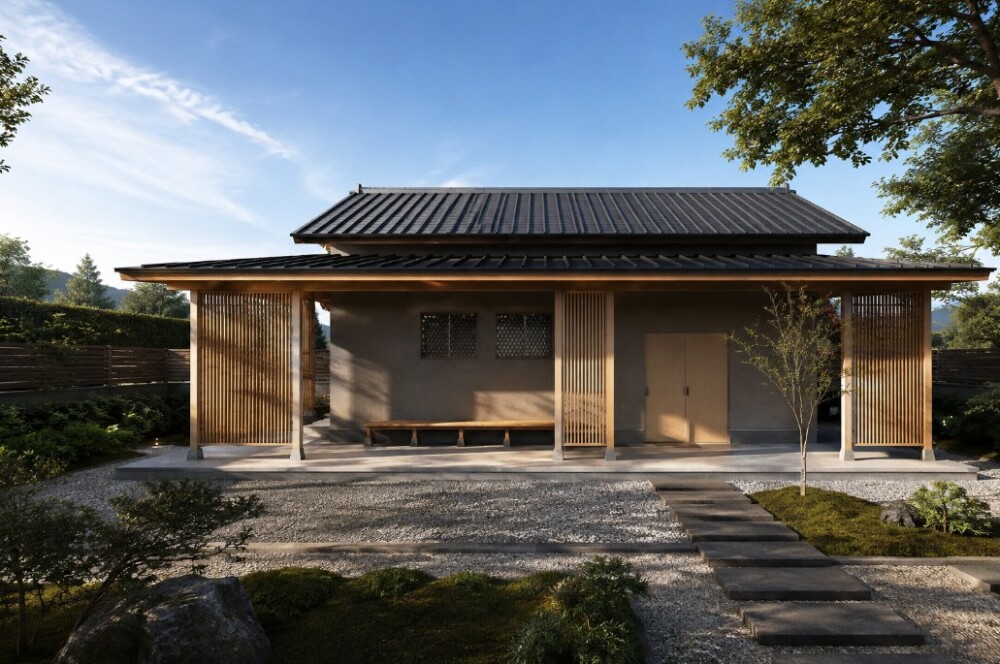奈良県で離れや趣味部屋、茶室、書斎、小さな和モダン住宅を検討する方向けに建築家が提案する和風モダンの小さな建築外観イメージ。実家の敷地や庭に建てる離れ、8〜15坪程度の趣味空間やワークスペース、和の美意識を取り入れた数寄屋風デザイン、小さな平屋、庭とつながる居場所づくりなど、暮らしを豊かにする住まいの設計イメージを表現した完成予想パース。
