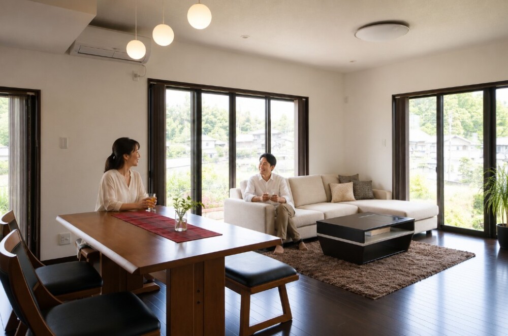 奈良県で間取りや家事動線の不便を見直した戸建てリフォーム後の明るいLDK。ダイニングでレモンティーを飲む40代女性と、ソファで読書を楽しむ40代男性が、休日を心地よく過ごしている。