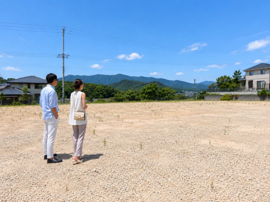 奈良県宇陀市榛原あかね台をイメージした住宅新築用地を見学する夫婦。注文住宅の土地購入前に、建築家と敷地の広さや高低差、道路、周辺環境、日当たり、眺望を確認する土地探しの現地調査風景。