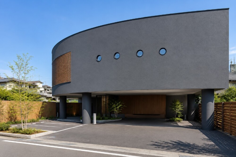 奈良県での医院・クリニック開業を想定した、濃いグレーと木格子を基調とする現代的な外観。患者が入りやすく、落ち着きと信頼感を感じられる医院設計のイメージ