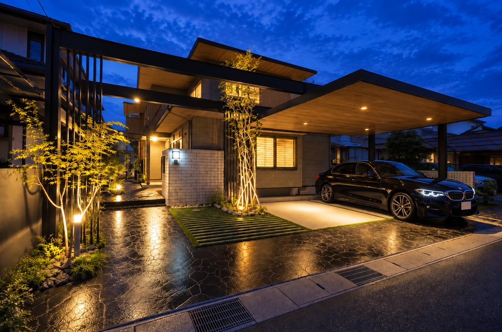 奈良で注文住宅を設計する、やまぐち建築設計室によるホテルライクな住宅外観。深い軒のカーポート、格子、植栽、アプローチ照明を建築と一体に計画し、道路からの視線やプライバシーに配慮しながら、開放感と落ち着きのある暮らしを考えた住まいのイメージ。