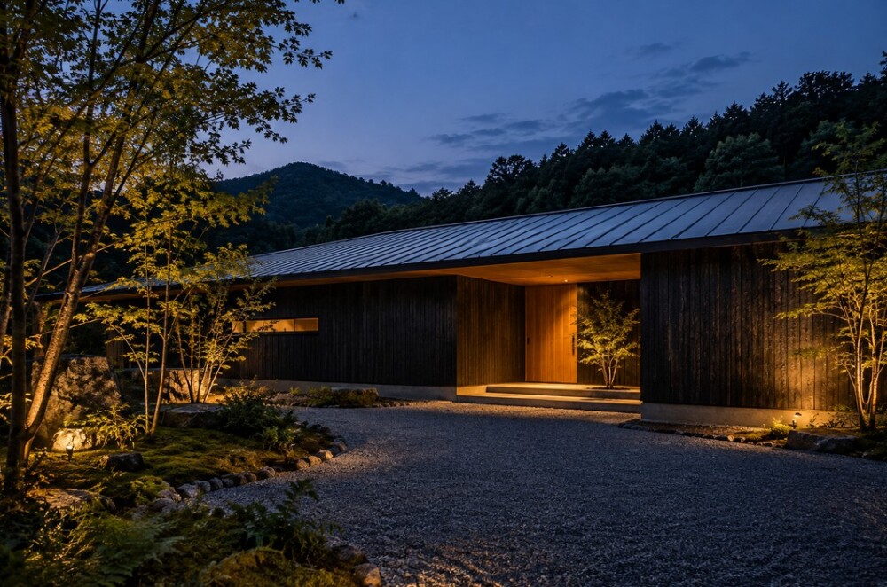 奈良の自然豊かな山間部に建つ別荘・週末住宅を想定した和モダン平屋の外観イメージCG。黒い焼杉板張りの外壁と深い軒、開口部を最小限に抑えた外観が特徴。プライバシーや防犯に配慮した設計と、植栽や石を用いた庭園、温かな外構照明が調和するセカンドハウスの建築デザイン。