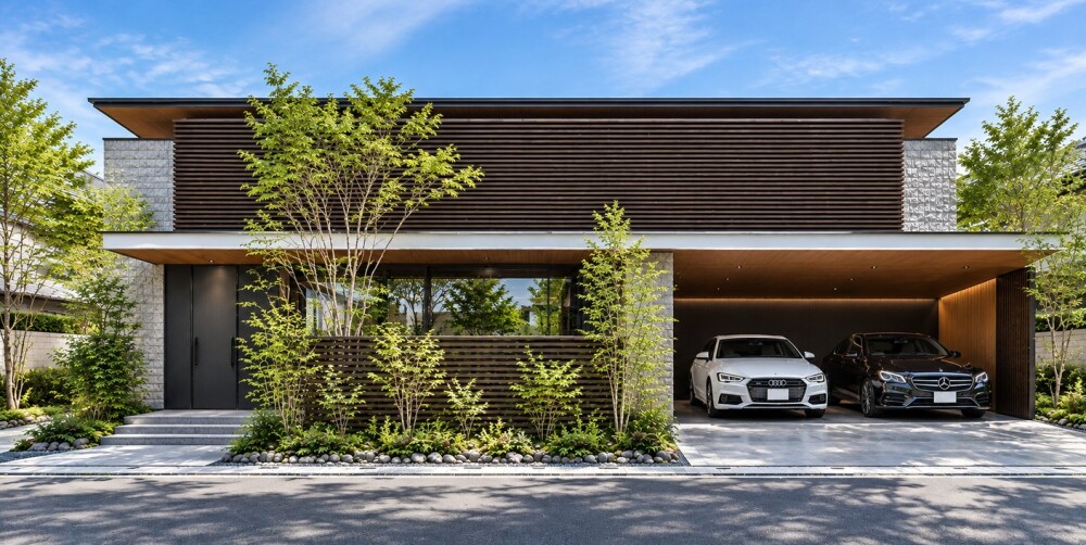 奈良で建築家とつくる、ホテルライクな和モダン注文住宅の昼景イメージCG。深い軒と黒い水平格子、石張りの外壁、木目の軒天井が調和するモダンな外観。植栽と自然光が建築の陰影を引き立て、右側には白いアウディA4と黒いメルセデス・ベンツCクラスを並べた2台分のビルトインガレージを設けている。